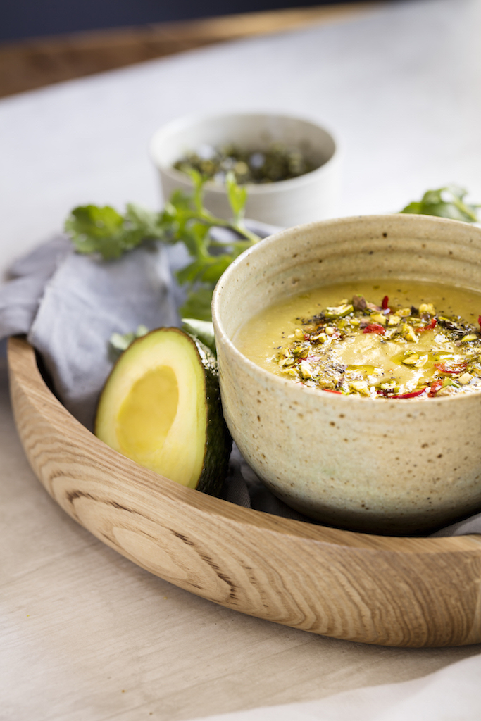 Healthy fats for appetite control and raw spicy avocado soup with pistachio salsa verde recipe